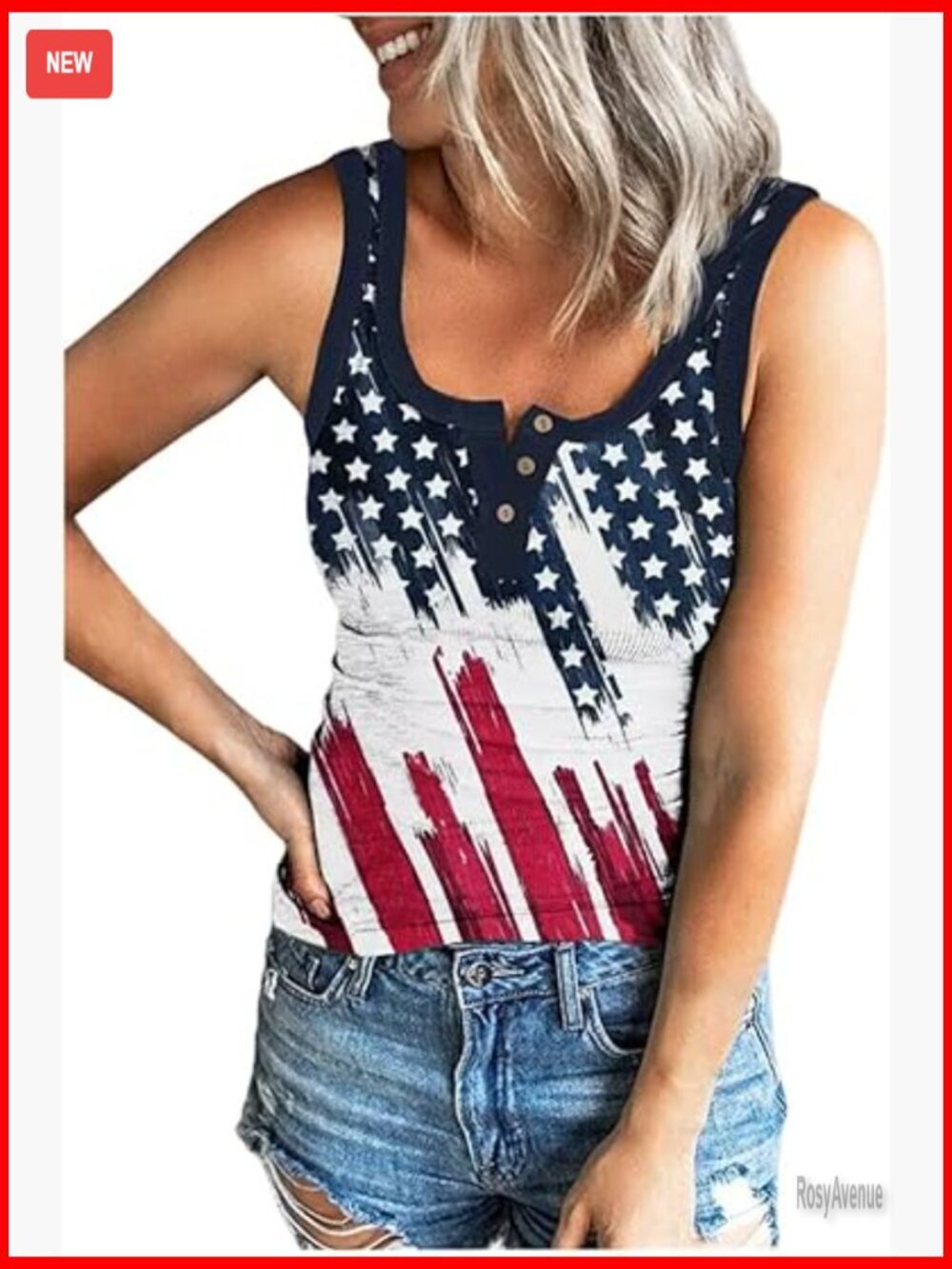 American Flag Button V-Neck Tank Top Sleeveless Patriotic Summer Shirt